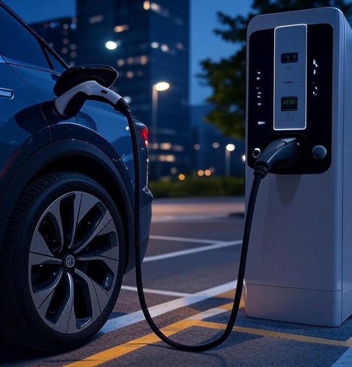 An animated icon of a man charging a green car at an electric charging station