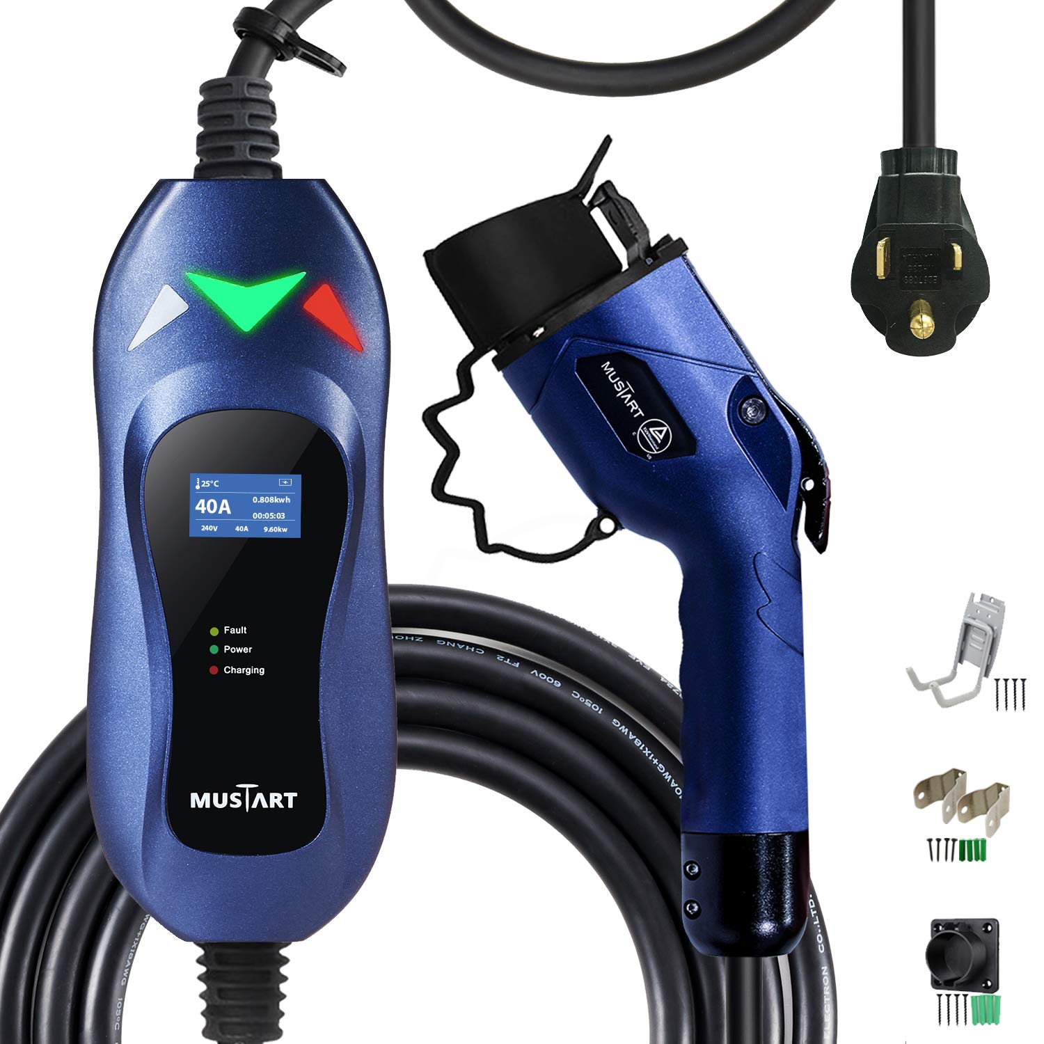 The EvoCharge 40 amp charger mounted on a white wall