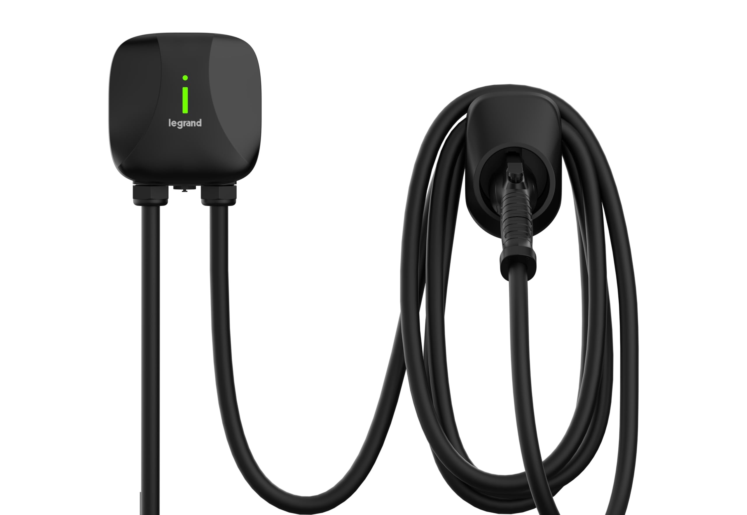 The EvoCharge mounted on a wall with the cord neatly hung beside it.