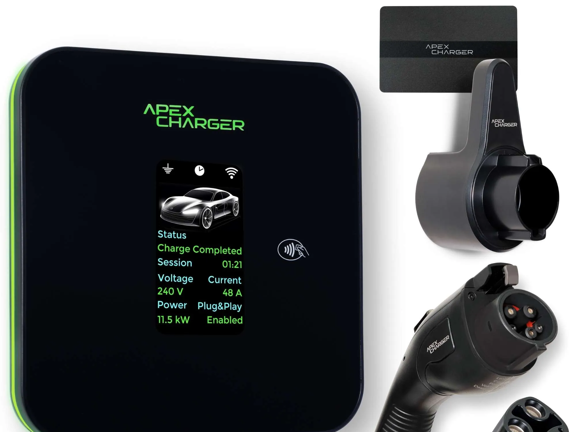 The EvoCharge mounted on a wall with the cord neatly hung beside it.