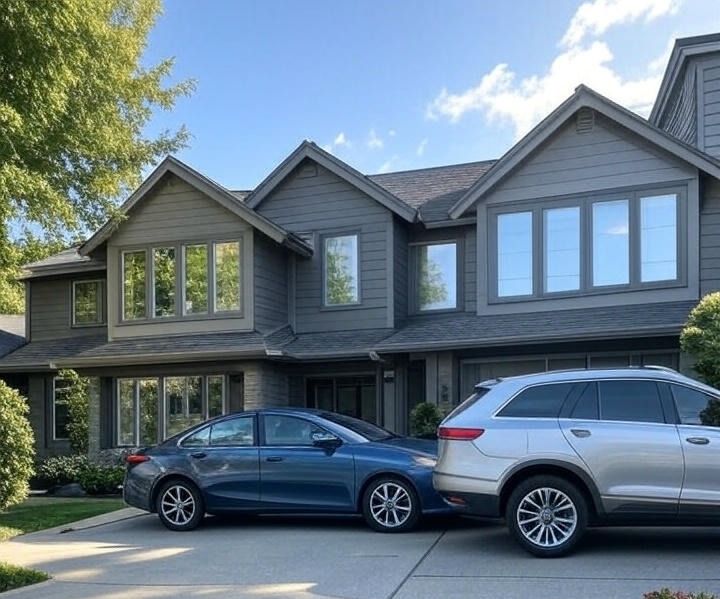 Photo of double garage doors on a nice day.